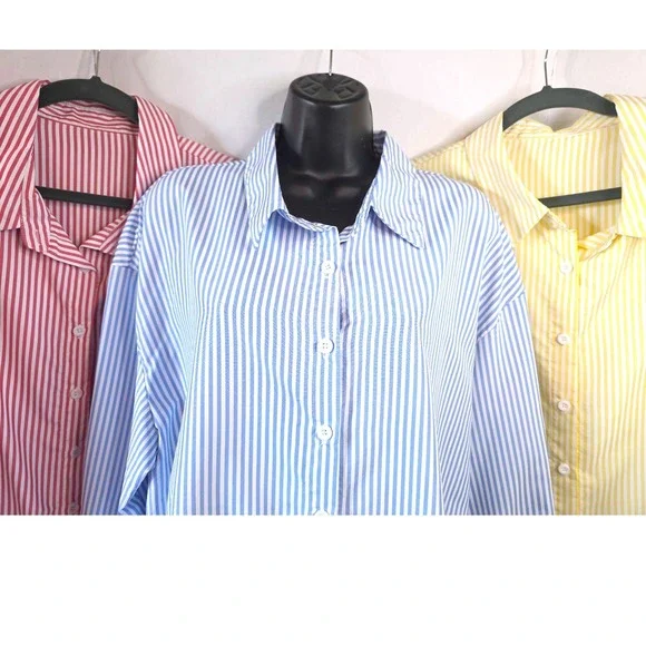 LOT OF 3 - SHEIN CURVE 1XL Stripe Button Up Blouse 3/4 Sleeve Red/Blue/Yellow - Picture 3 of 6